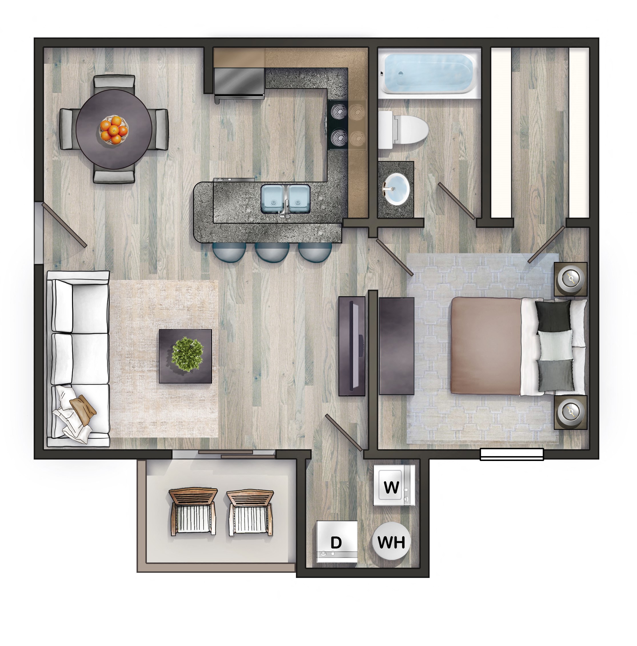 Floor plan for 1 bed, 1 bath, 600 sqft